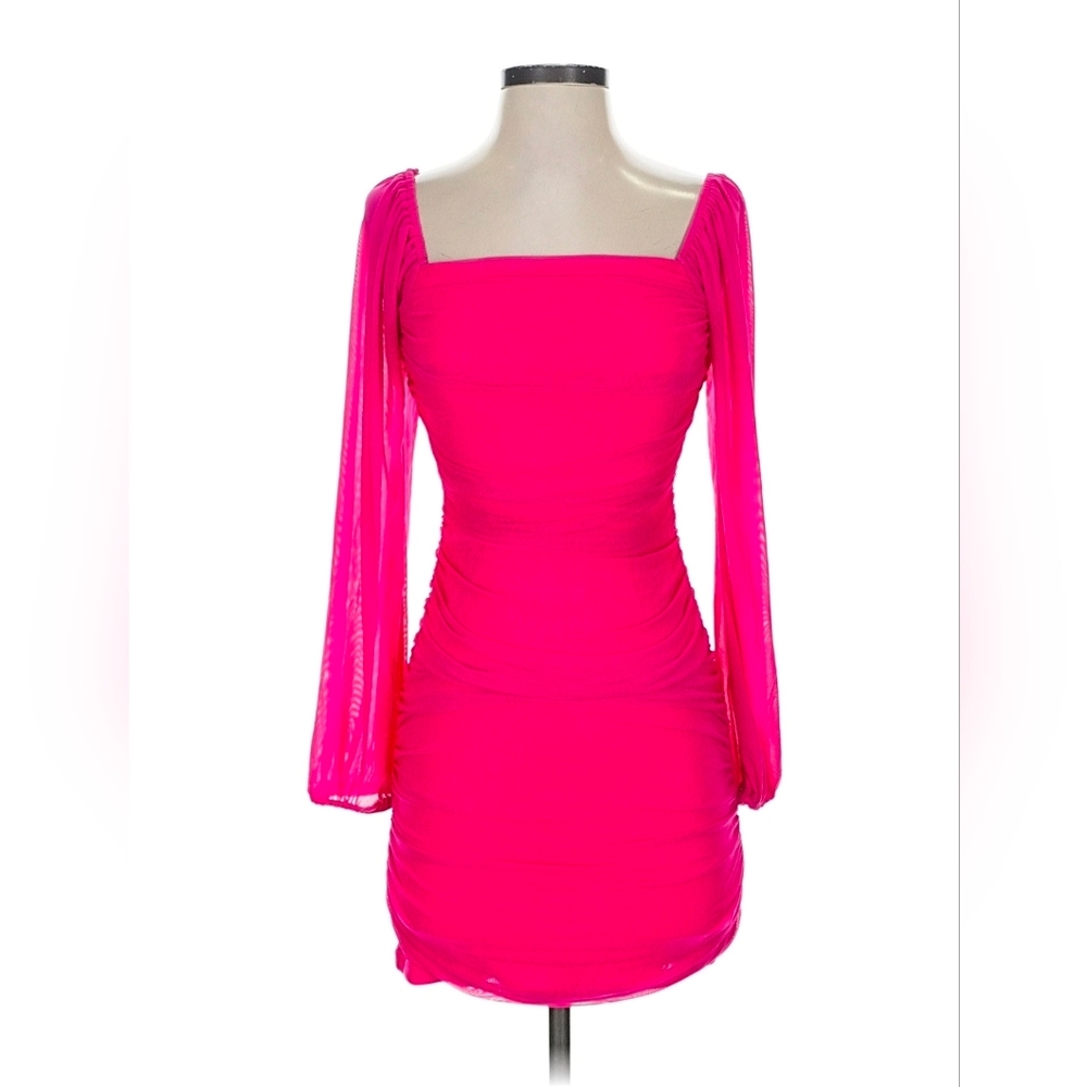Fuchsia Square-Neck Ruched Long-Sleeve Mini Dress